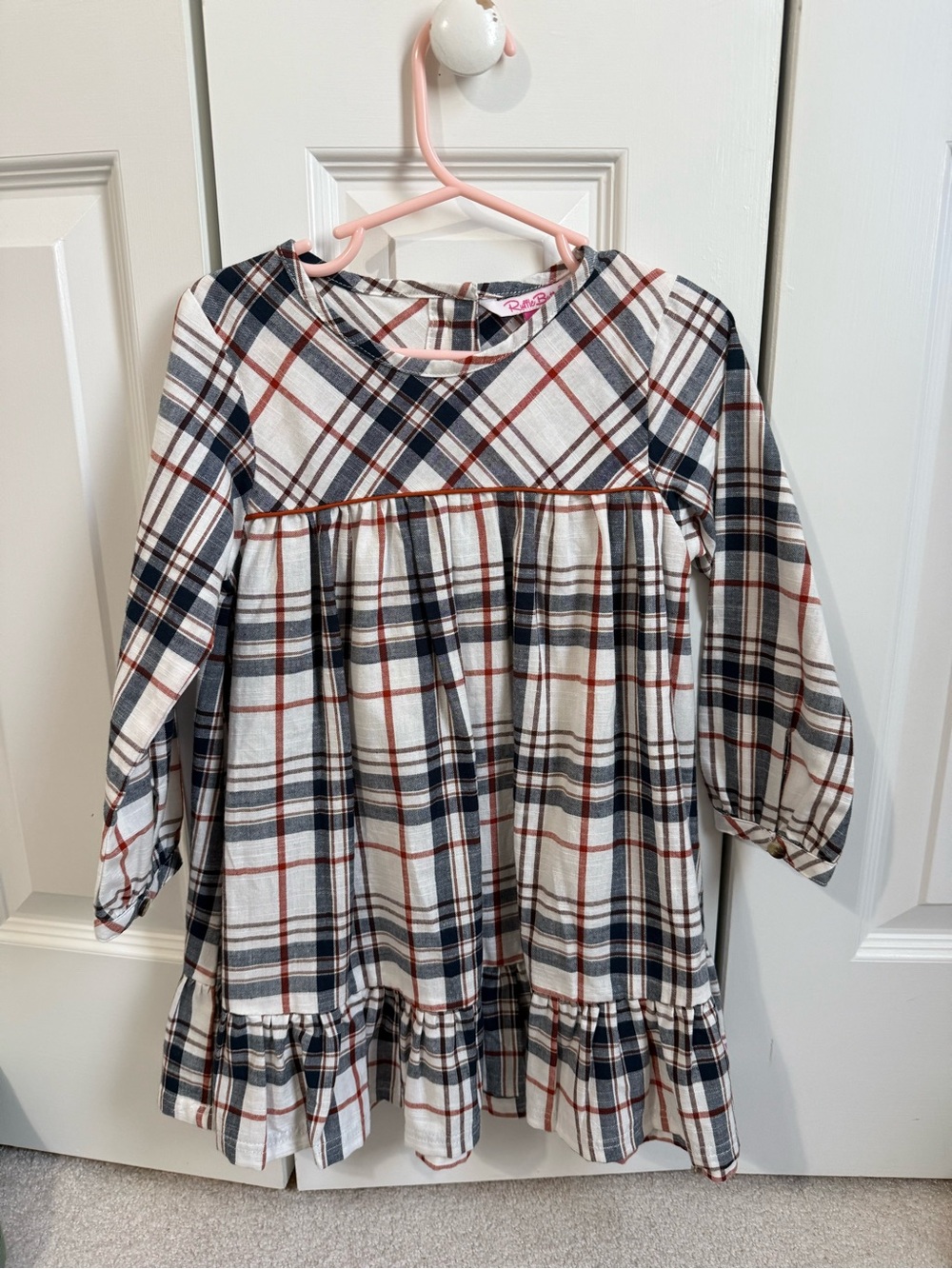 Ruffle Butts Ivory Plaid Dress with Navy & Rust Accents